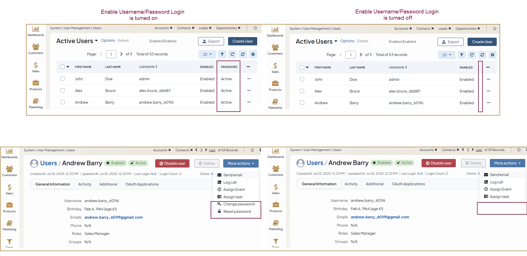 Comparison of two user login forms: one with username/password login enabled and one with it disabled.