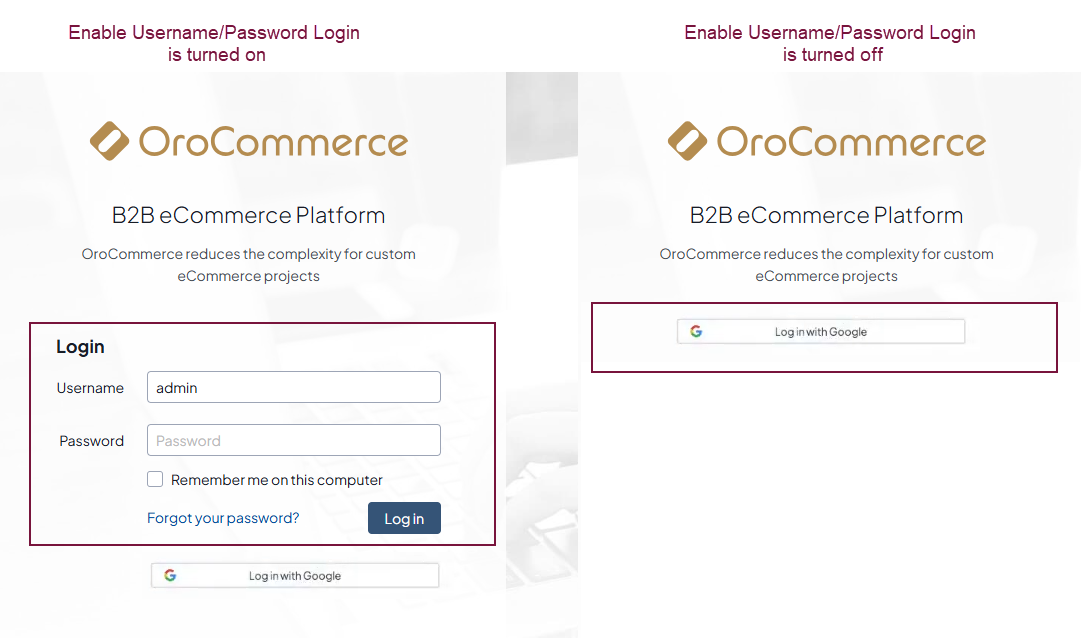 Comparison of two user login forms: one with username/password login enabled and one with it disabled.