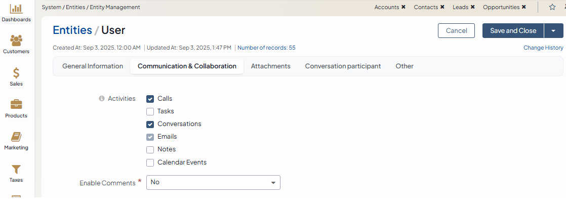 Basic settings available under the communication and collaboration section