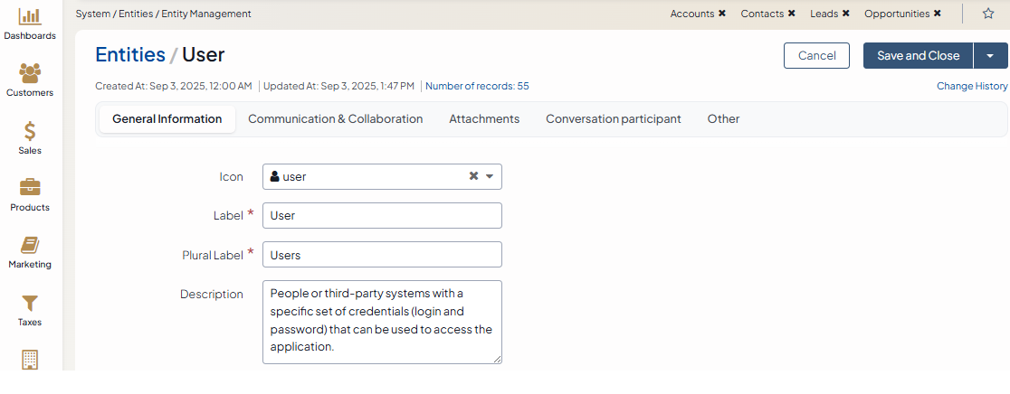 Basic settings available under the General Information section on the edit entity page