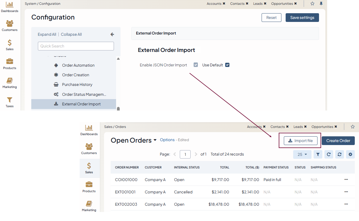 External Order Import configuration settings and the appeared Import File button on the Orders page