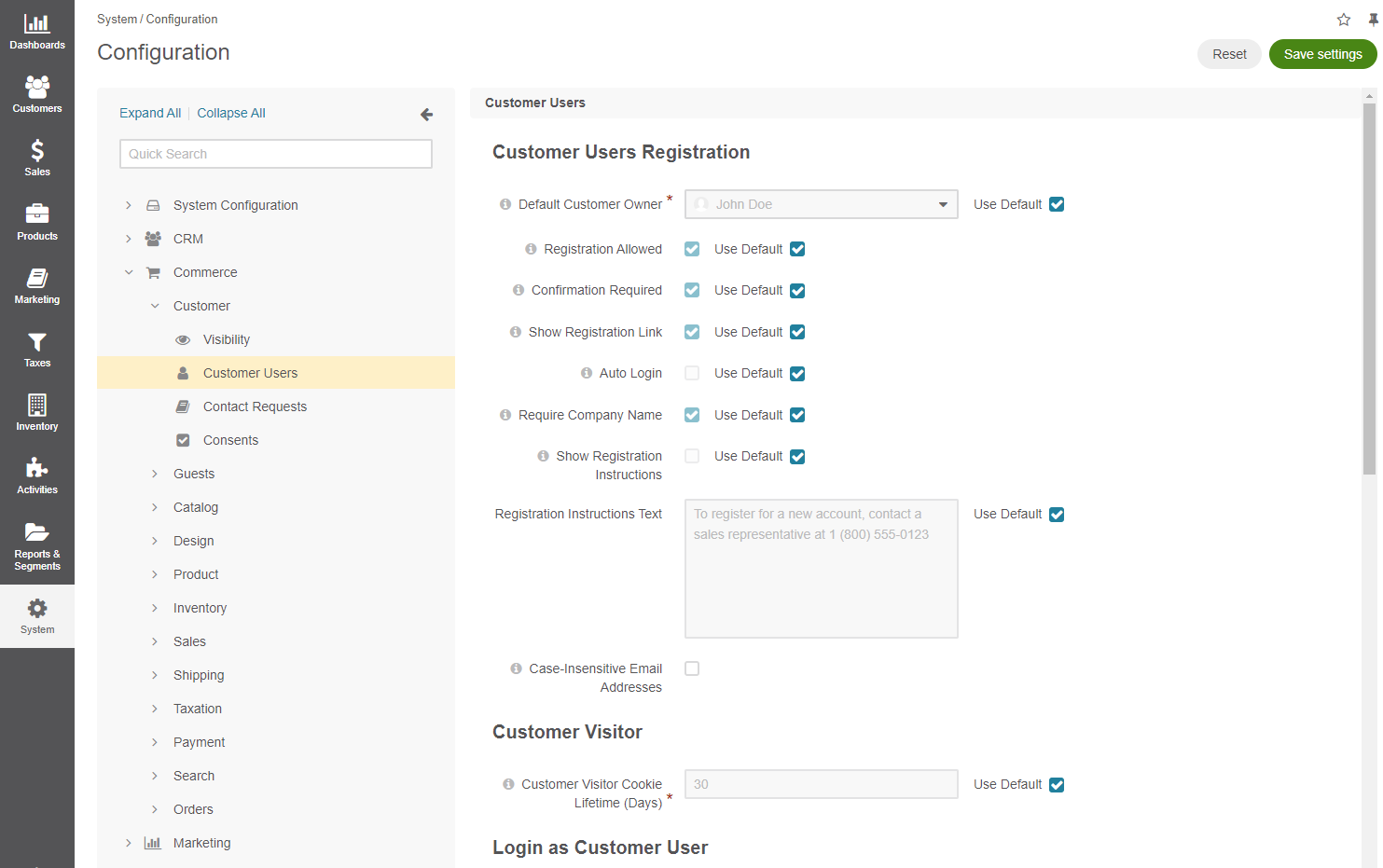 Display the global customer user settings configuration