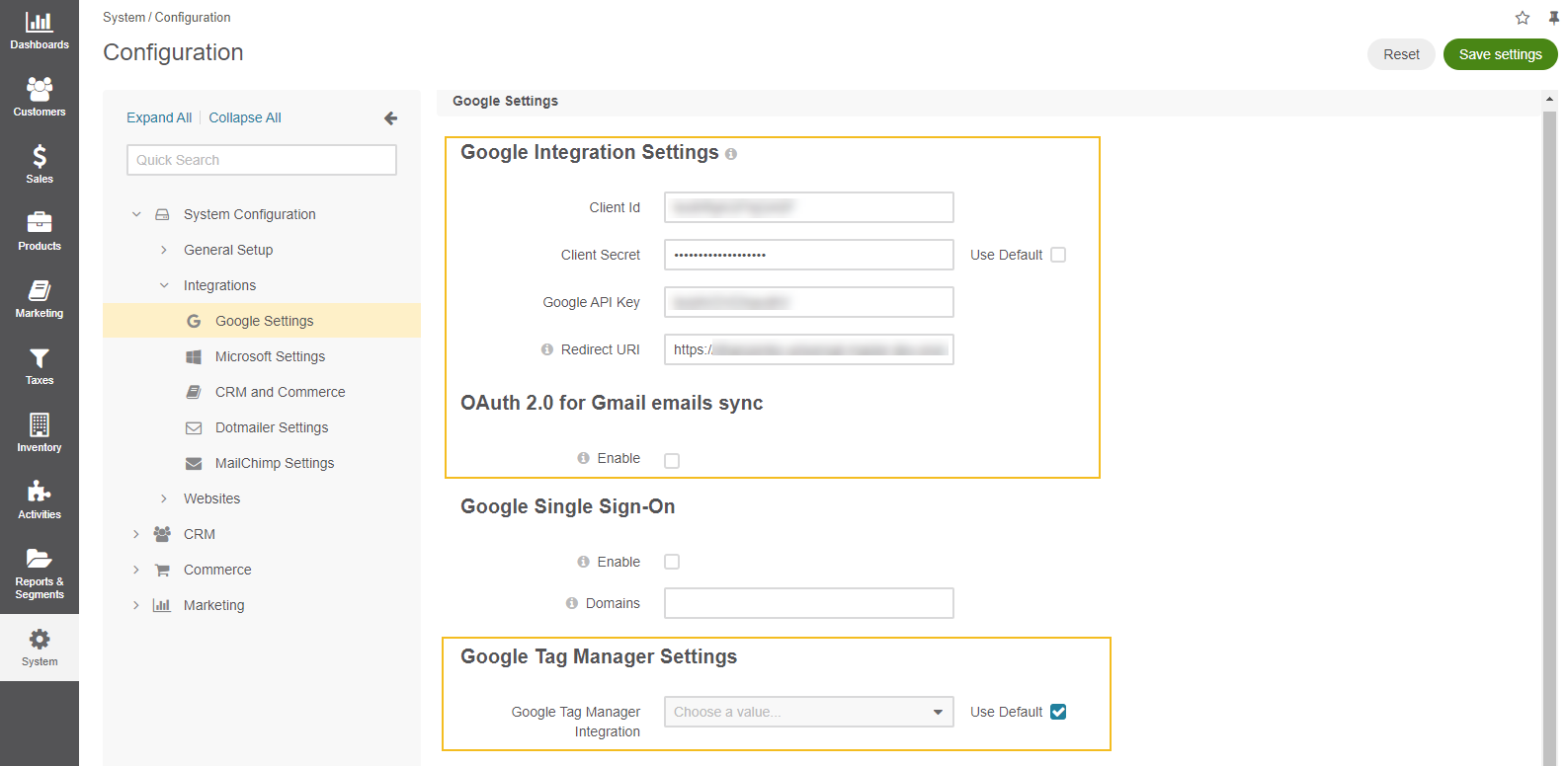 Global Google Integration settings