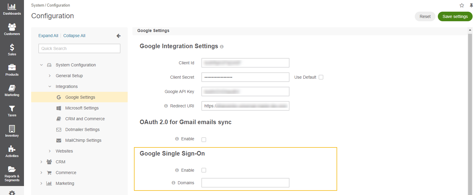 Global Google integration settings