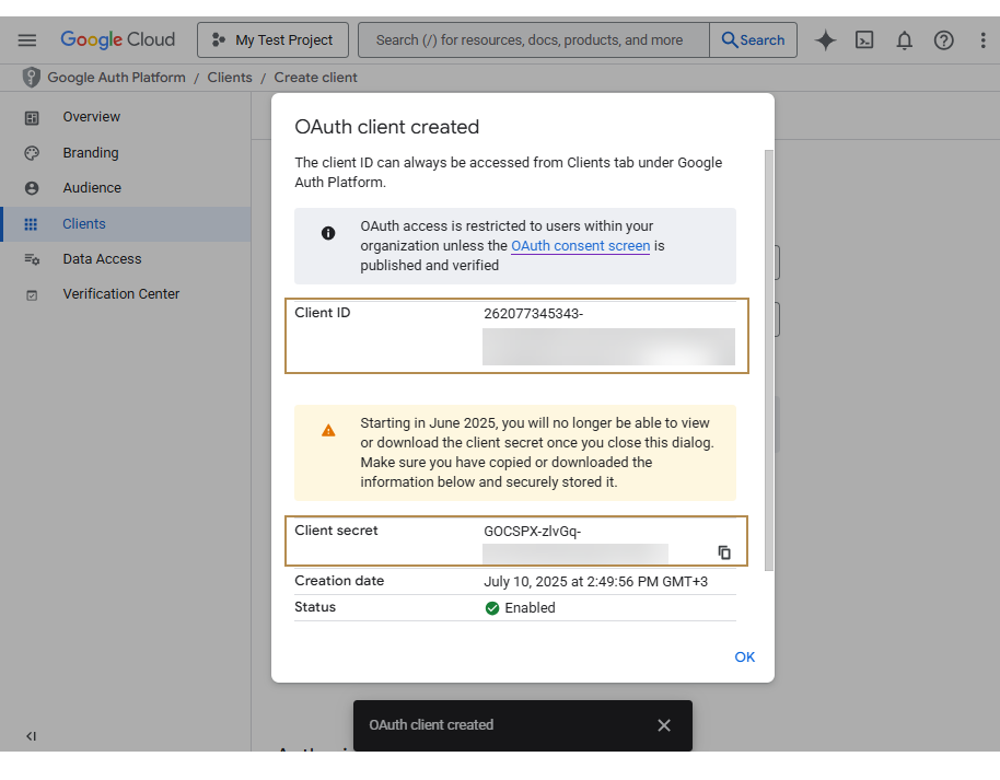 OAuth client ID and secret
