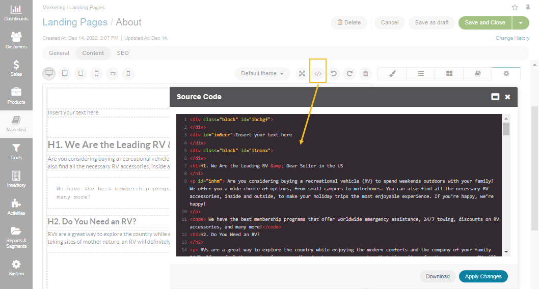 Input HTML code into the WYSIWYG editor via the import popup dialog