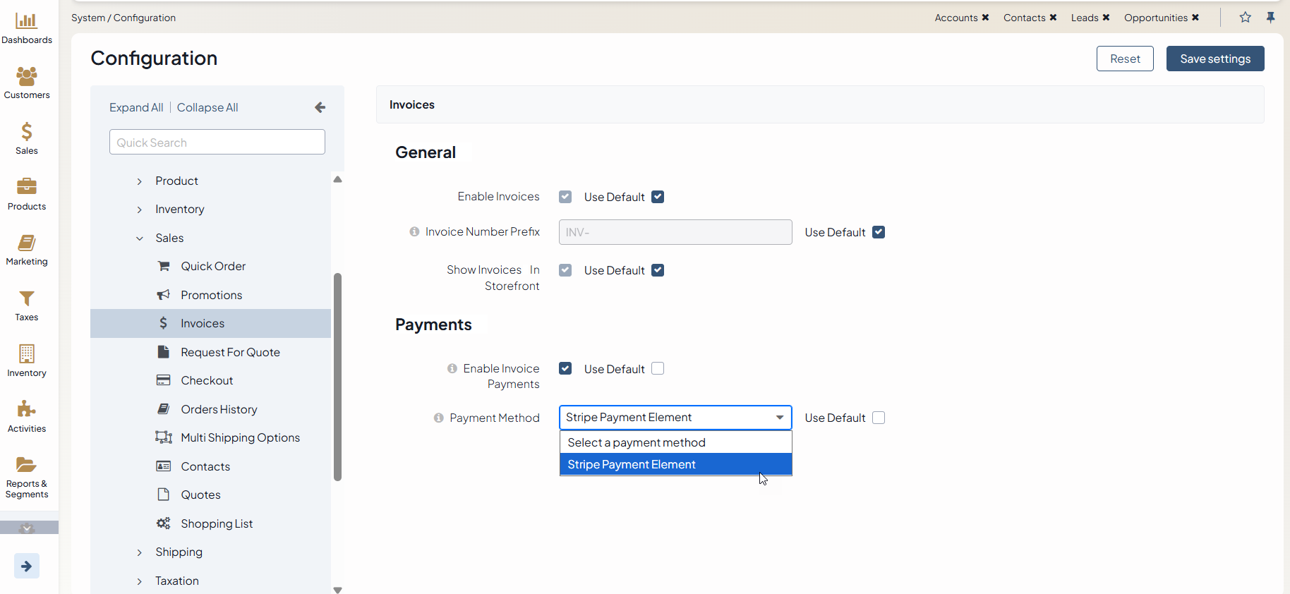 Connecting Stripe Element as a payment method in the configuration settings for Invoices