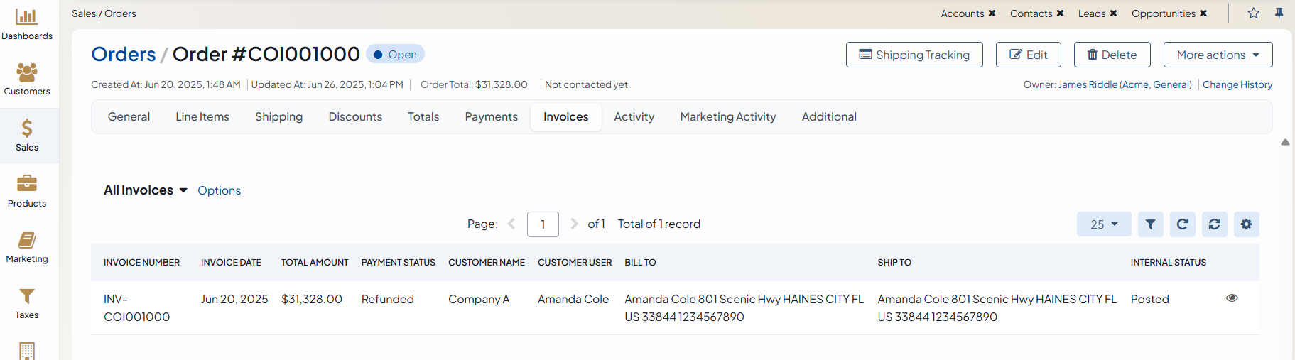 Invoices tab on the order view page