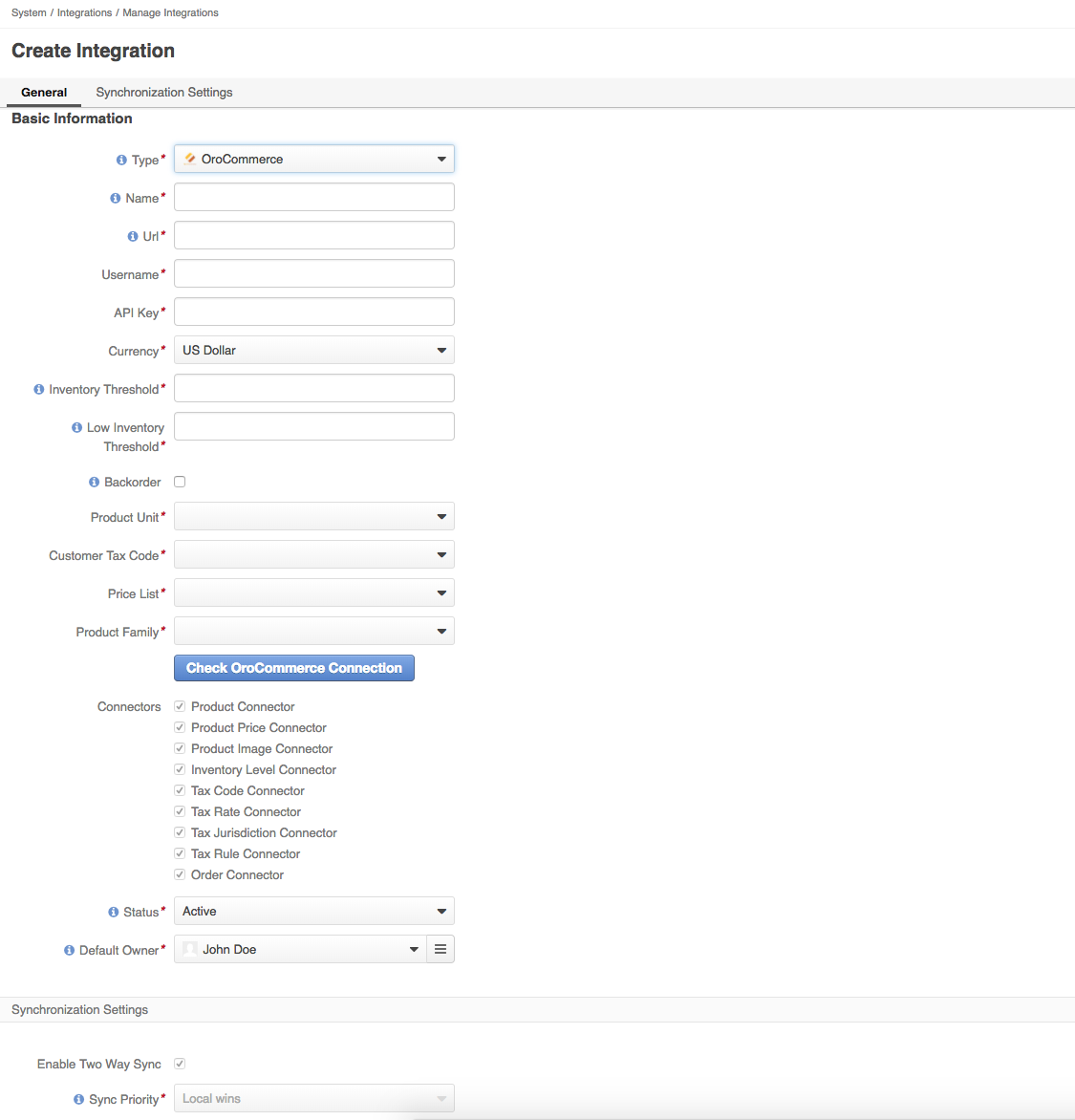Marello integration settings in the OroCommerce back-office
