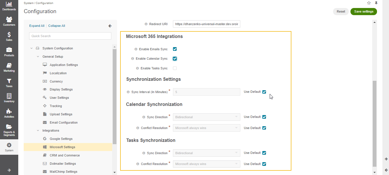 Microsoft 365 Integration settings