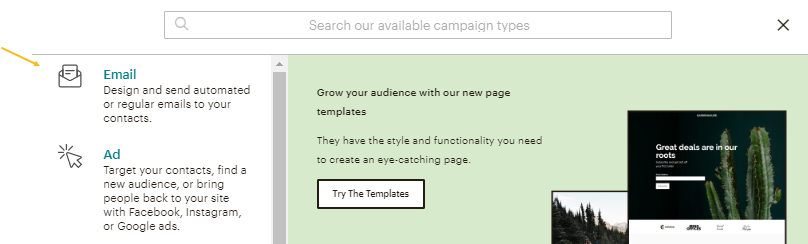 The popup dialog in Mailchimp displaying the button to create a new email