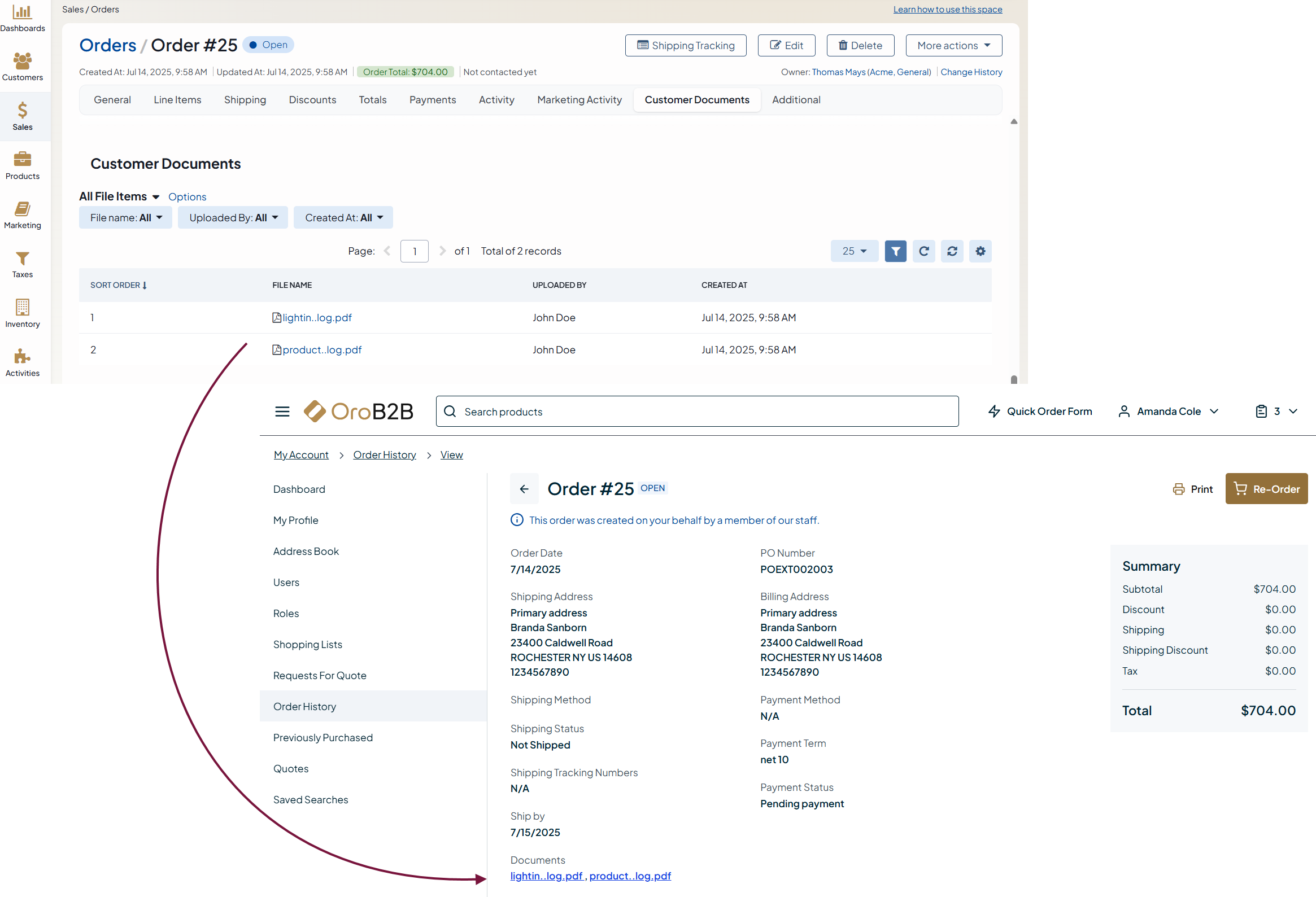 Illustration of the documents uploaded via back-office on the customer side in the storefront