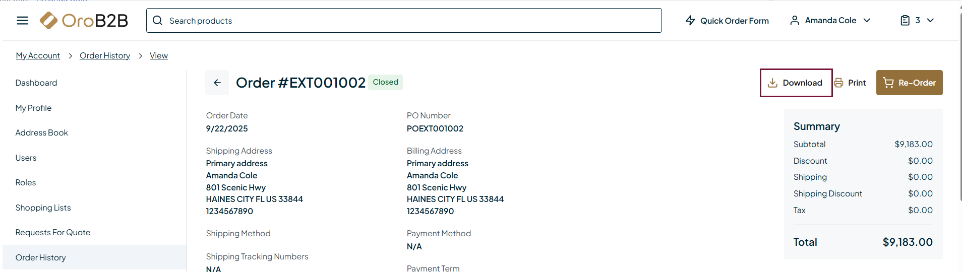 Illustration of the Order Download Button in the storefront
