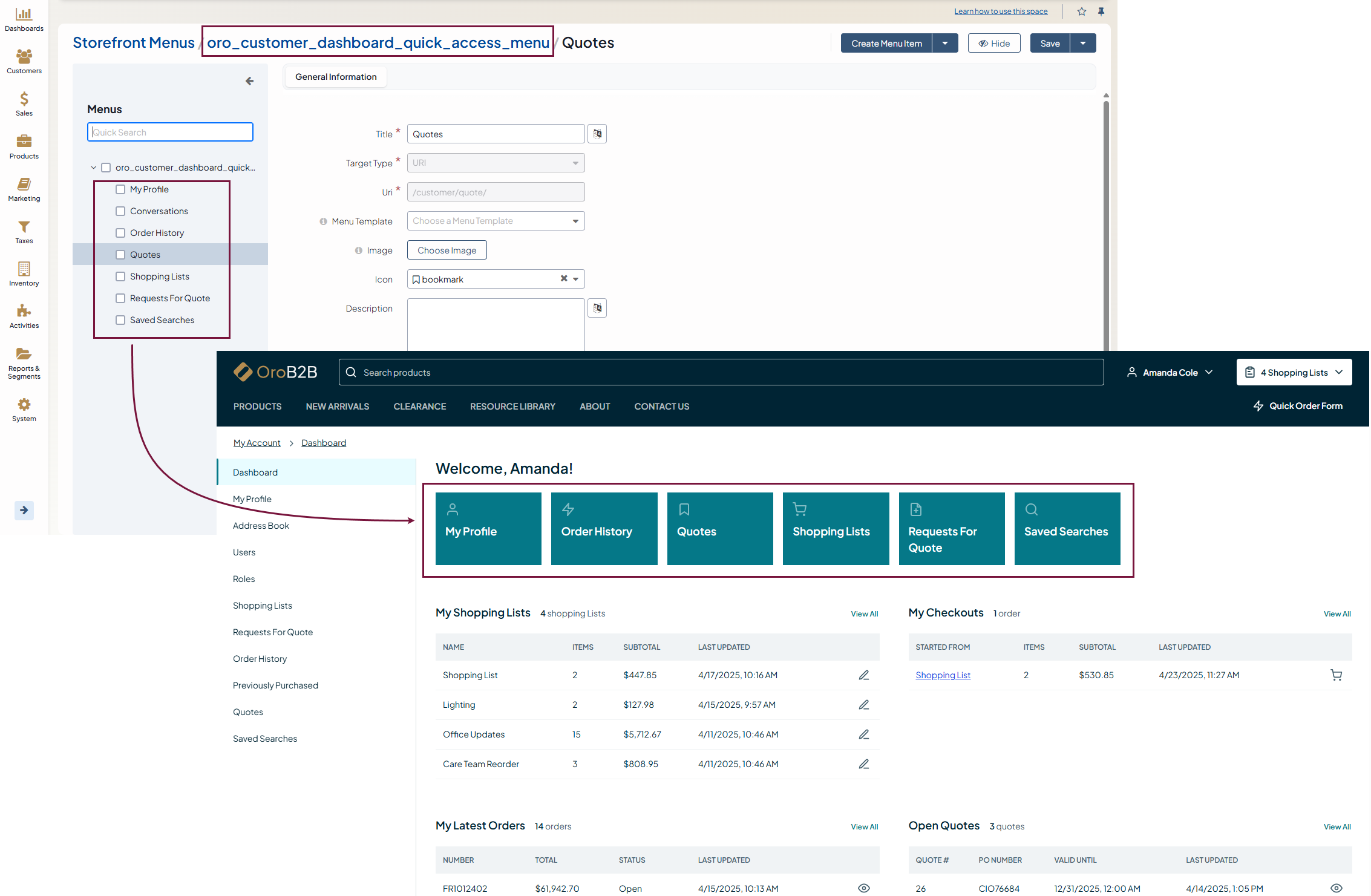 Illustrating the enabled storefront quick access menu on the customer user’s Dashboard page