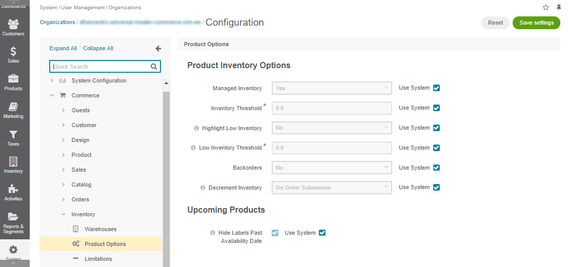 Product options configuration per organization