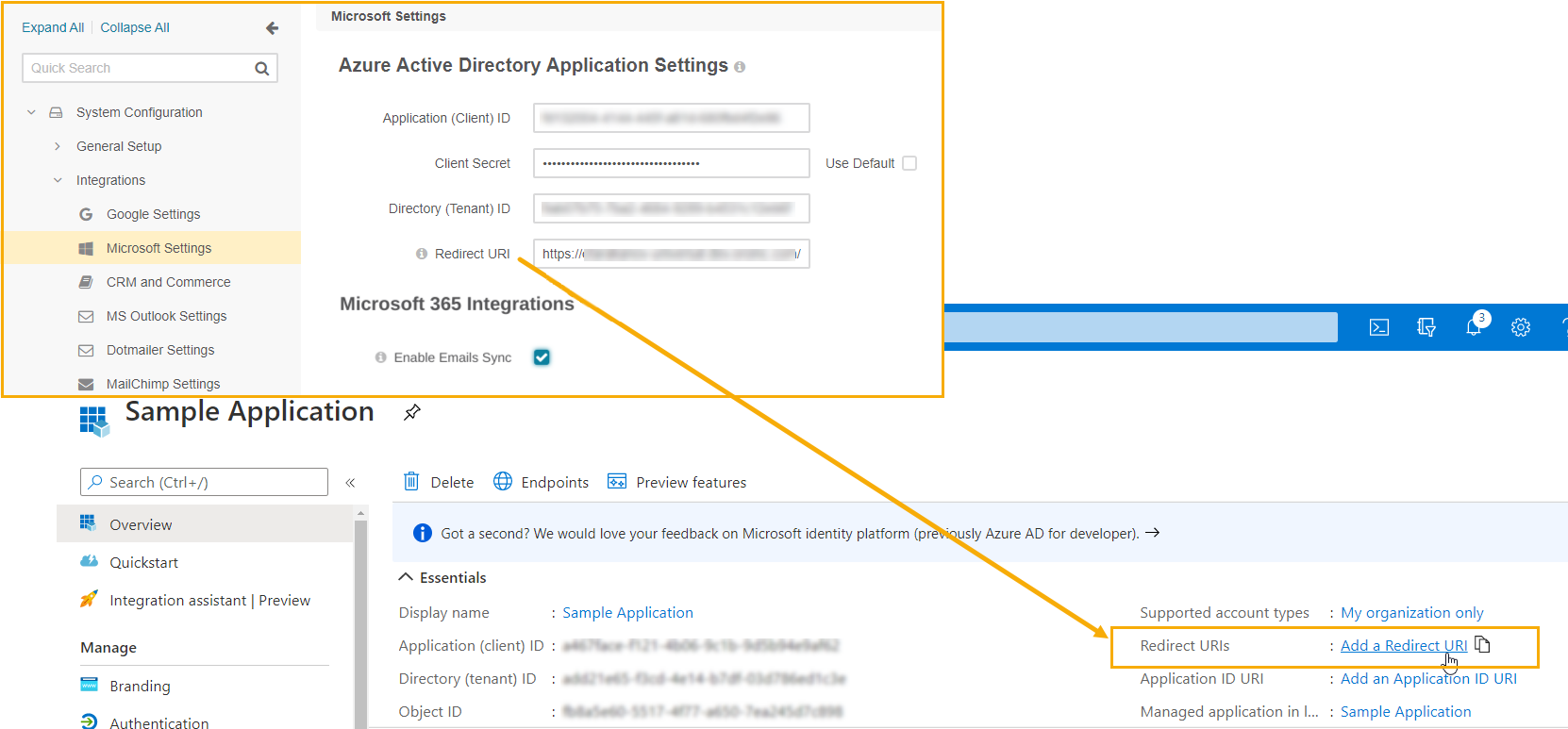 Copy Redirect URI and paste it into the Azure application settings