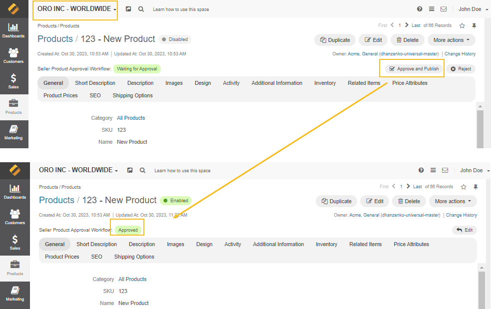 Display how the seller product approval workflow status changes after the admin approves the product creation