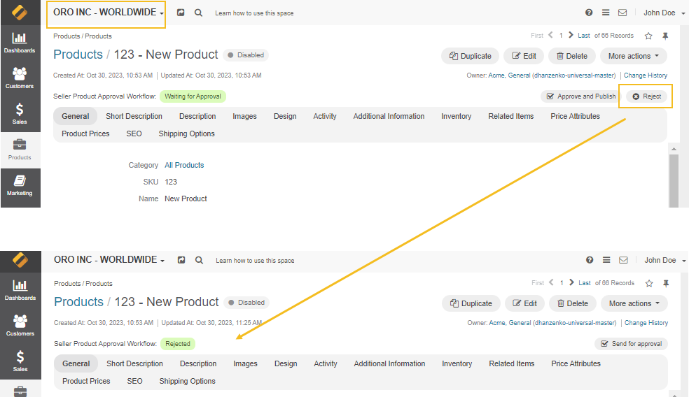 Display how the seller product approval workflow status changes after the admin rejects the product creation