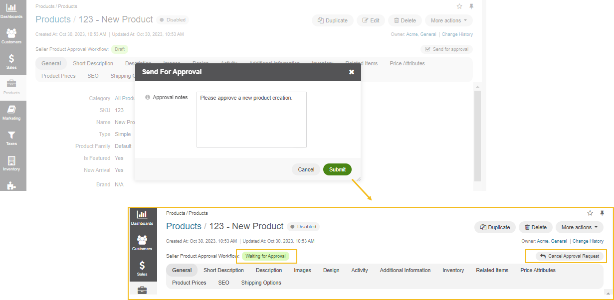 Display how the seller product approval workflow status changes after the user sends the request to approve the product creation