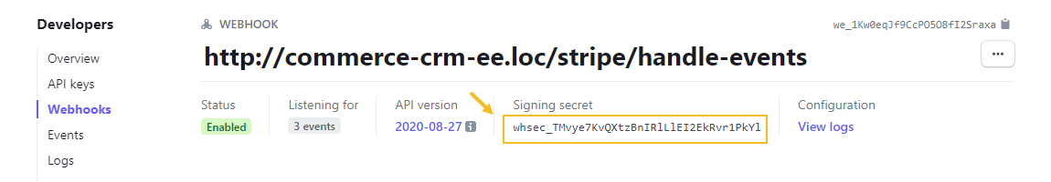 Highlighting the signing secret in the Stripe dashboard