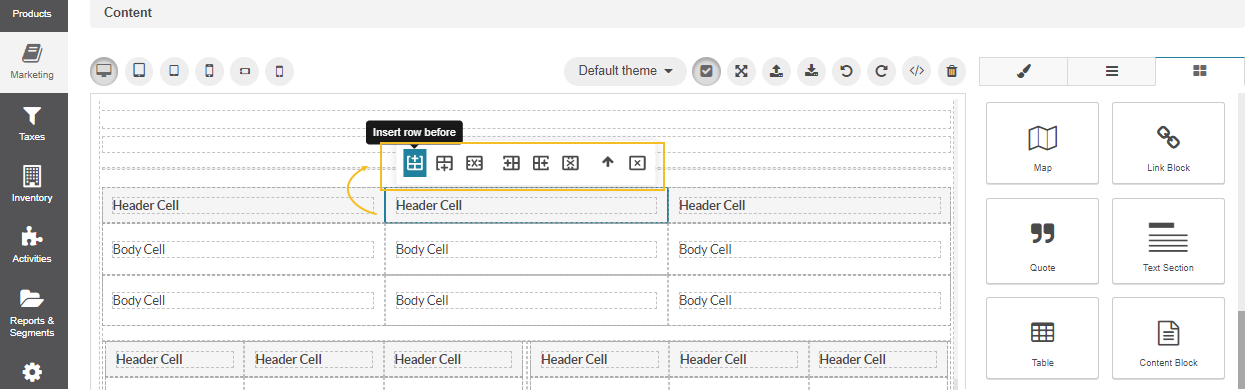 Selecting the insert row before action from the cell's settings bar