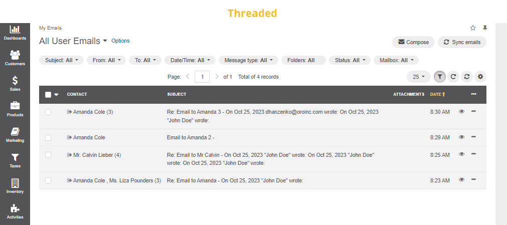 A sample of an email with the threaded option selected