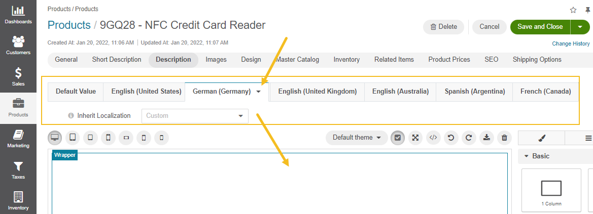 Selecting the German localization tab under the product description section to open the empty field for translation