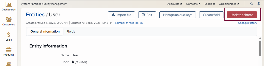 The Update schema button on the entity record page