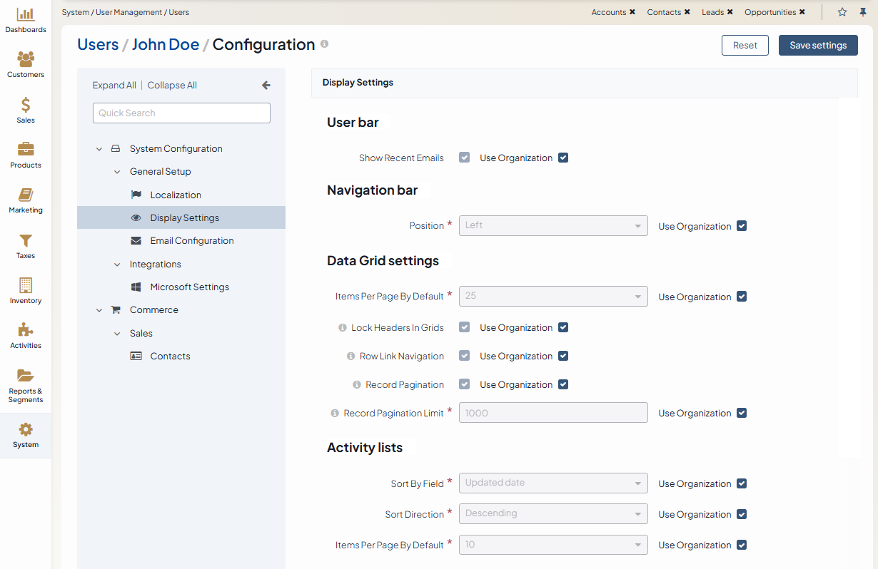 Display settings user configuration