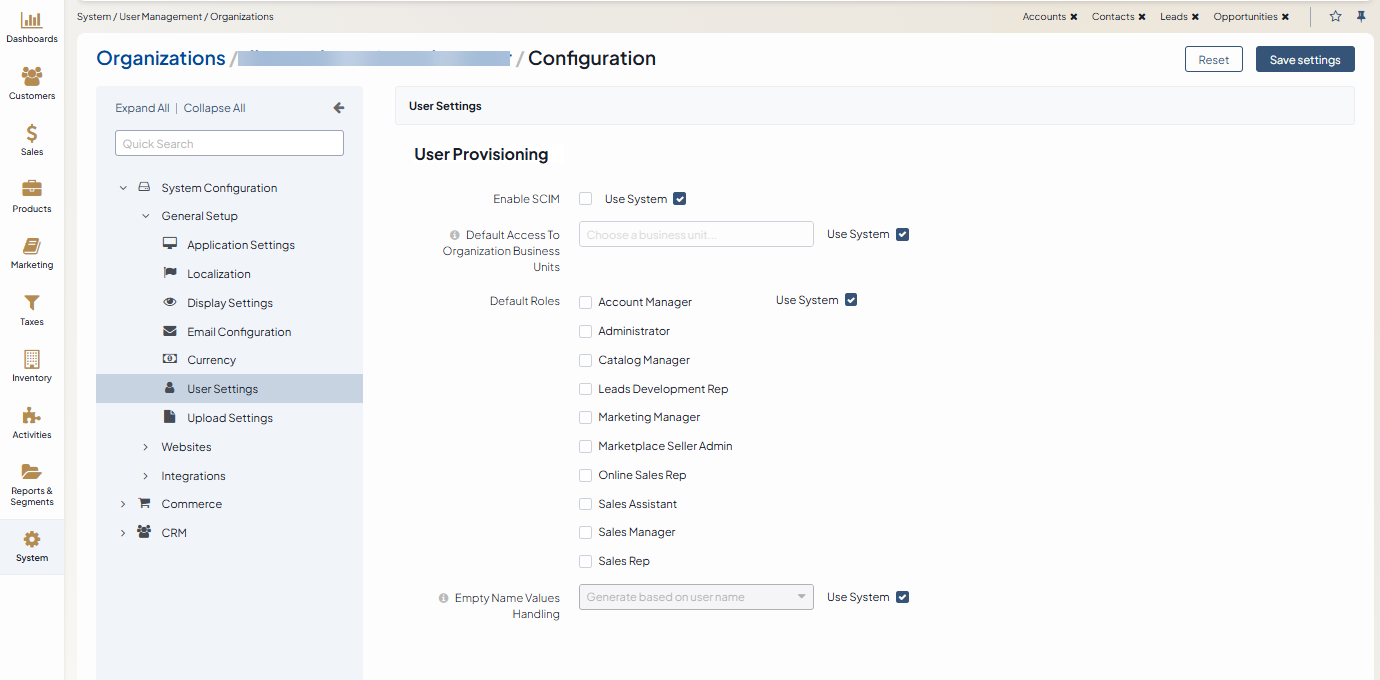 User settings on organization level
