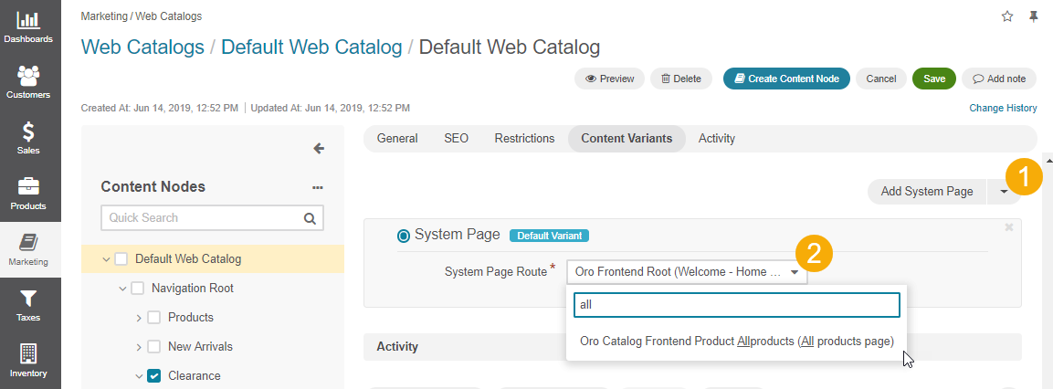Selecting the All products page for the System Page Route for the Default Web Catalog