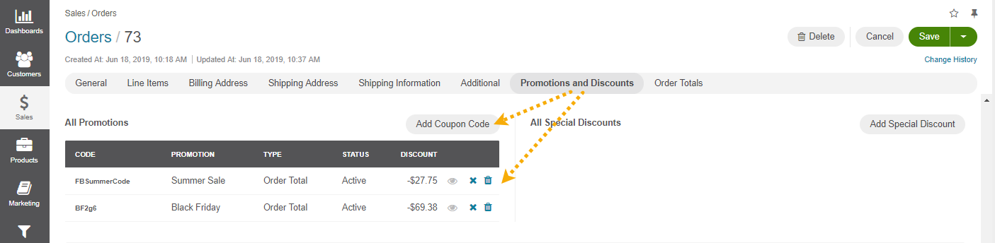 The actions you can perform with the coupons under All Promotions