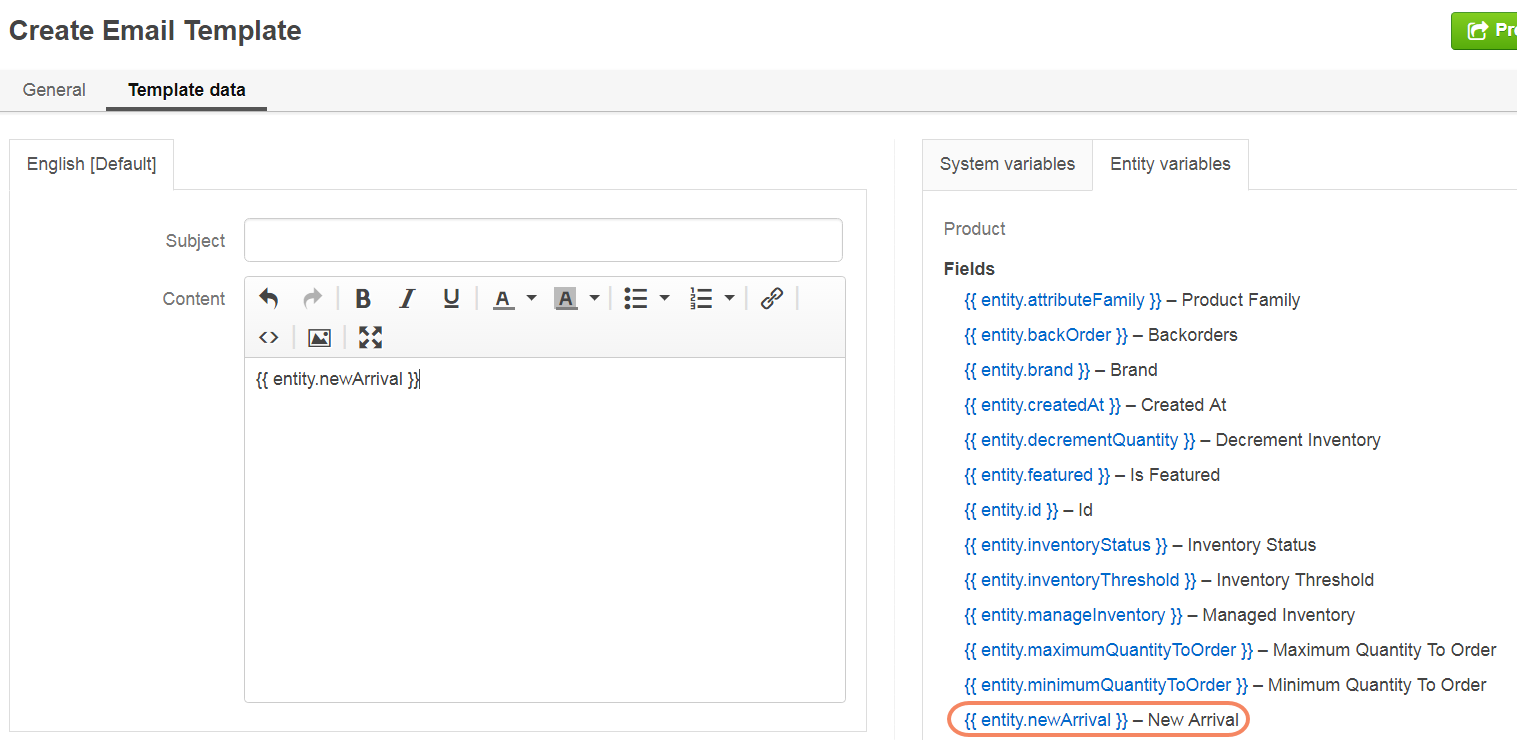 Add the attribute from the entity variables list to the email template