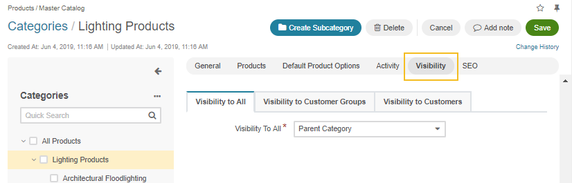 Navigating to the visibility settings from the master catalog category's page