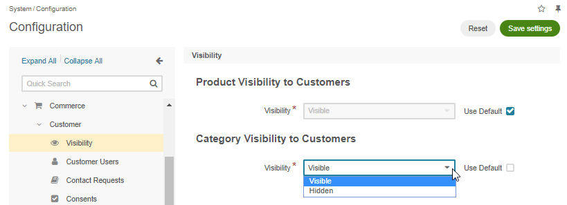 View the global visibility settings for products and categories under the system configuration page