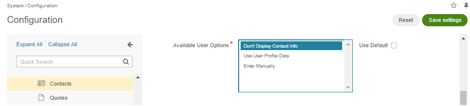 Selecting the Don't Display Contact Info option in the Available User Options section in the system configuration