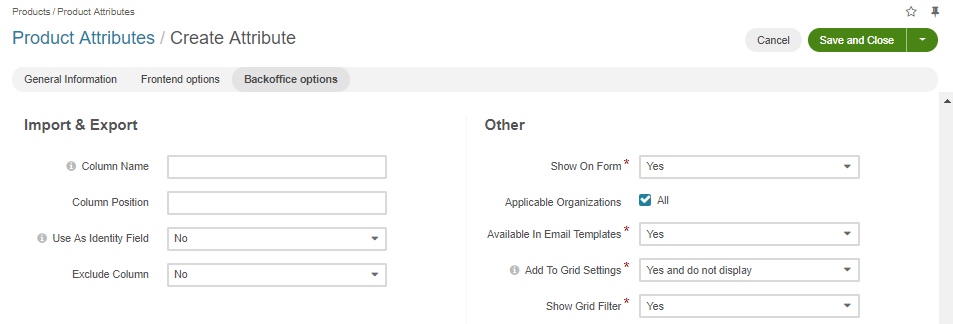 The settings available in the Backoffice options section under the Other subsection