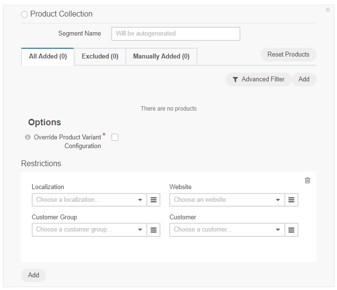 Add a product collection and specify the restrictions