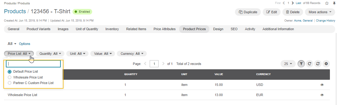 Filter by a price list, quantity, units, value, and currency is available in the Product Prices section