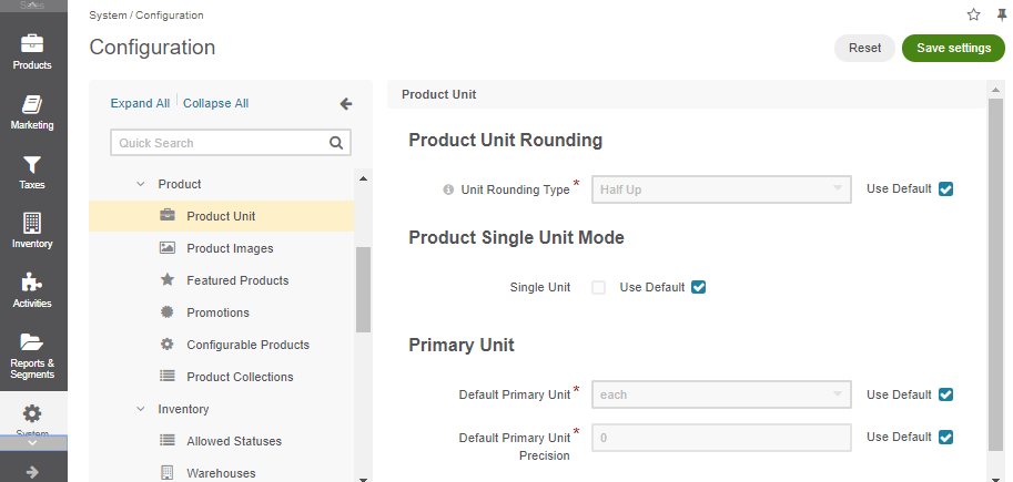 The product units configuration page