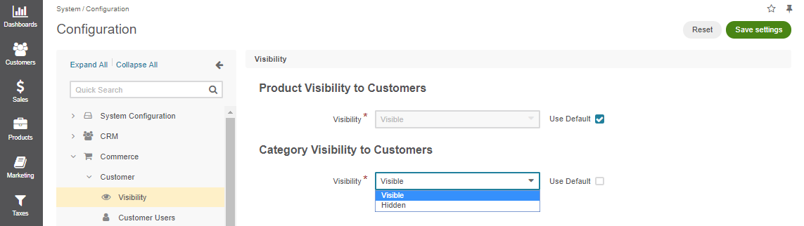 Global visibility configuration