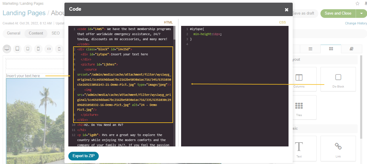 Inspecting the HTML code which displays wrapping the inserted text and image blocks into the div container