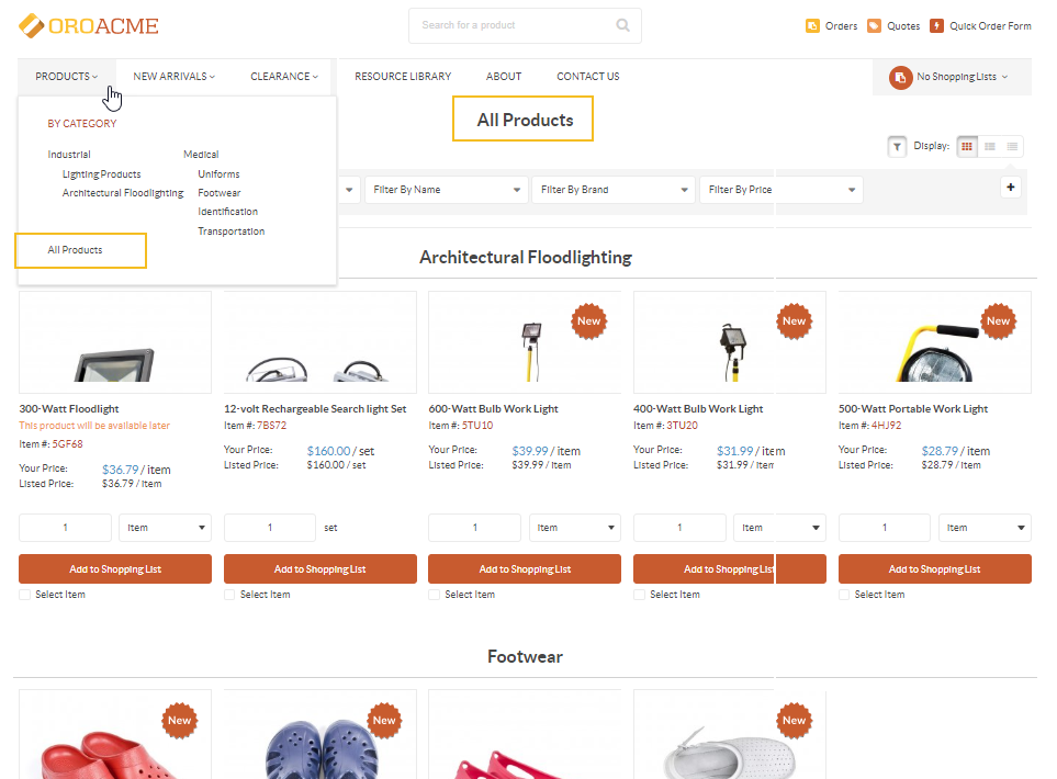 The All Products page on the OroCommerce storefront