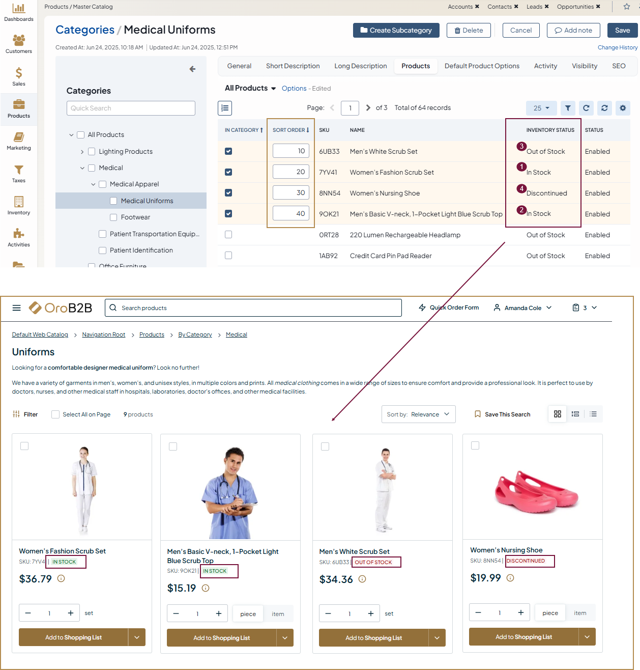 The master catalog category details page with the products with different inventory statuses and sort order, and the storefront page that reflects the enabled sorting behavior
