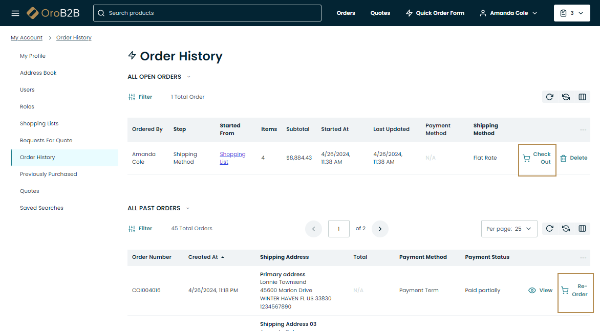 Display the link to checkout within the All Open Orders grid and the Re-Order link within the All Past Orders grid