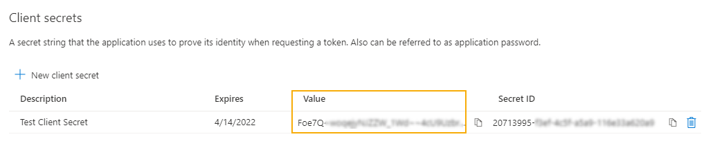 Client secret value and ID on the Microsoft side