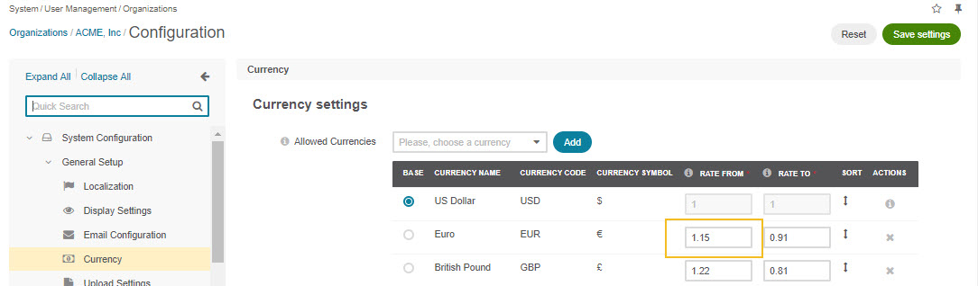 Changing currency in settings