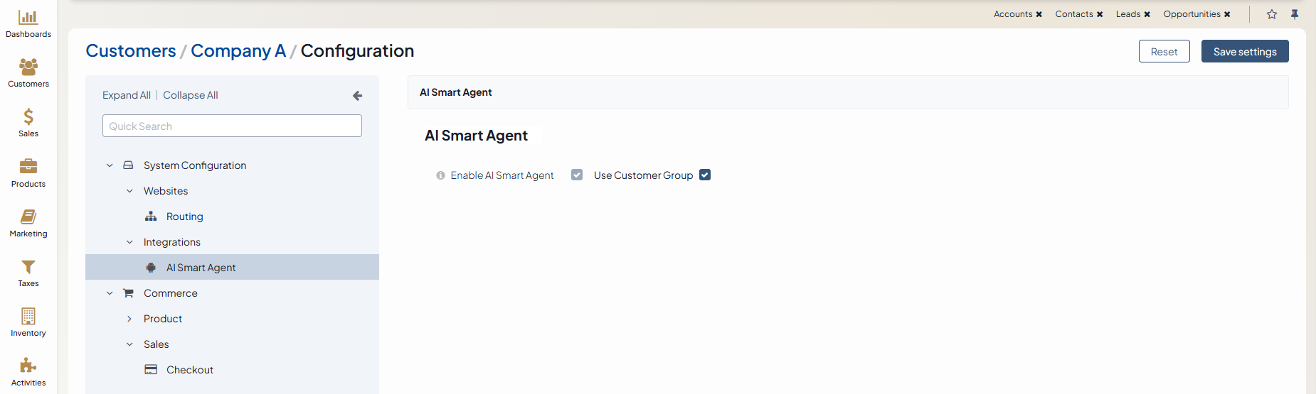 AI Agent configuration settings on the customer level