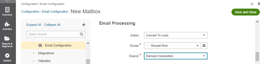 Selecting an owner and a source for processing the emails when the action is set to `convert to lead`