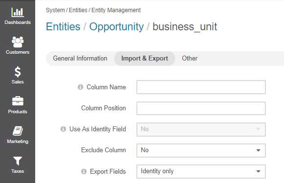 Basic settings of the import and export section available when creating a new entity field